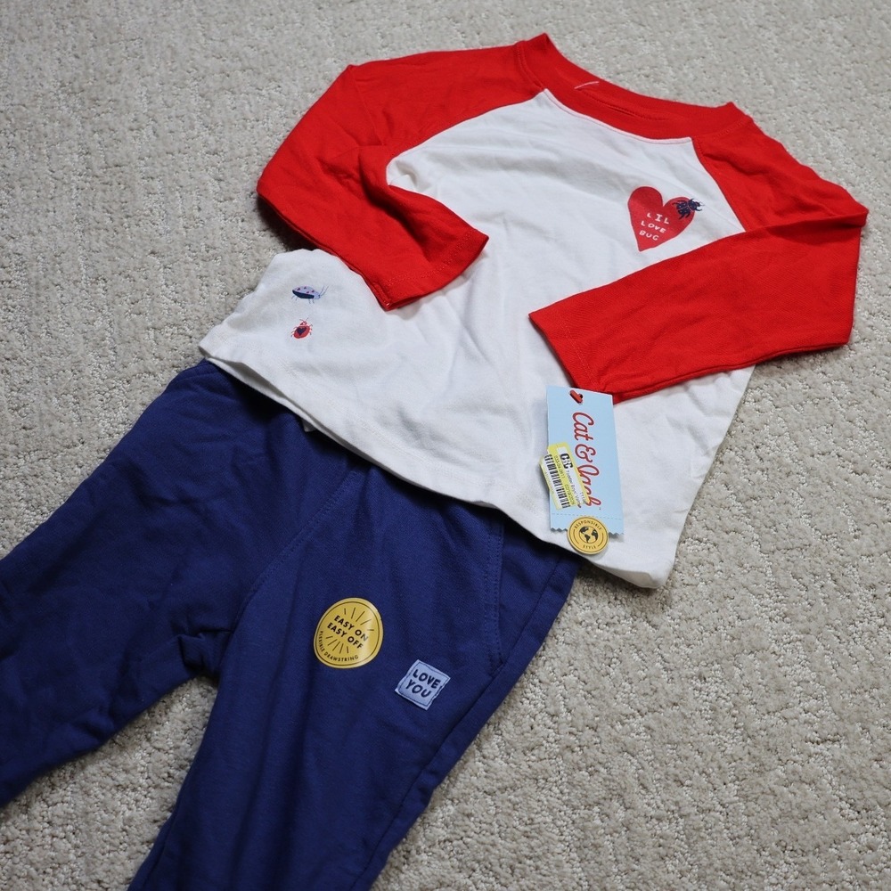 Cat & Jack Toddler 2T Lil Love Bug Raglan Shirt and Navy Pants Set New